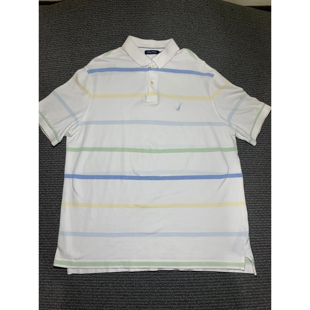 Nautica Polo Shirt Mens Large Blue White Yellow Striped Short Sleeve Cotton